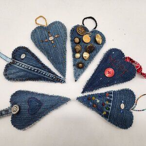 Handmade Denim Hanging Heart Ornaments Embellished Buttons Beads Embroidery  C